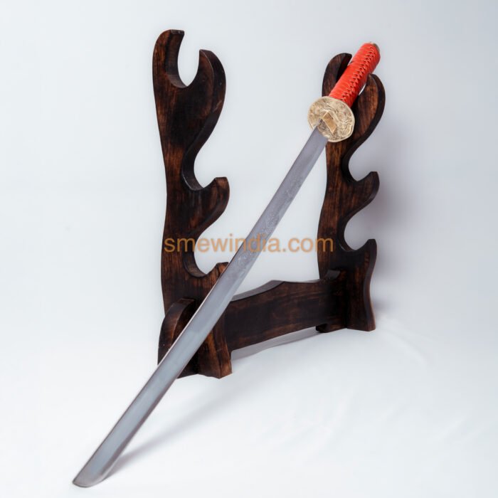 Red Katana with Japanese Floral Motif Pattern on Tsuba