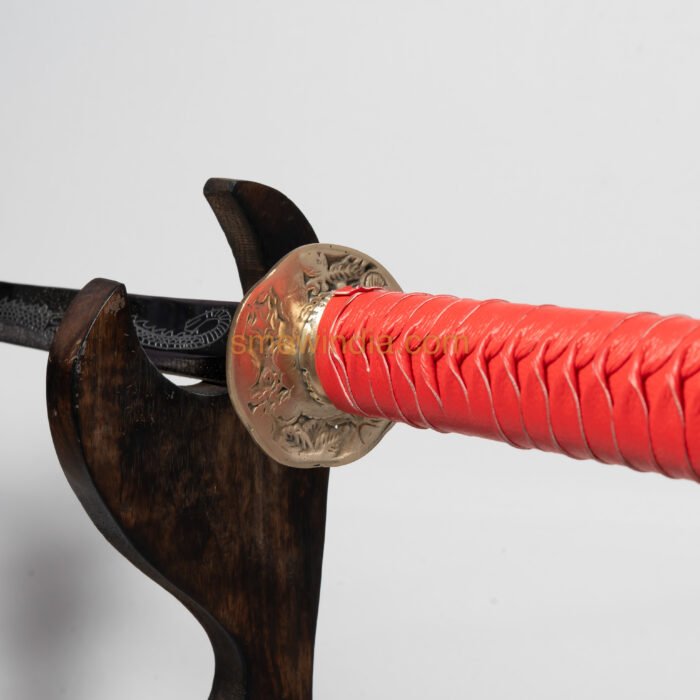 Red Katana with Japanese Floral Motif Pattern on Tsuba